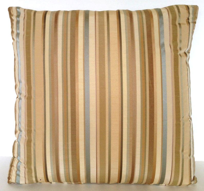 Square Throw Pillow Cover Striped Stripes Brown Beige Ivory Cream Green Blue Silk French Country English Cottage Shabby Chic image 1