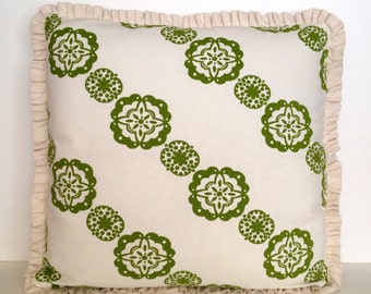 18" x 18" Square Throw Pillow Cover Green Beach House French Country Floral Print Decorative Accent Ruffle Edge Cream Mediterranean Greek