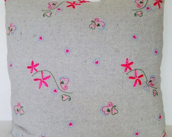 Decorative Square Throw Pillow Cover Embroidered Ribbon Flowers French Country Gray Pink Green