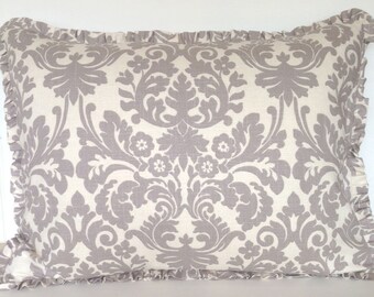 26" x 20" Rectangle Sham Throw Pillow Cover Gray Ivory Damask Decorative Accent French Country English Cottage Victorian Shabby Ruffle