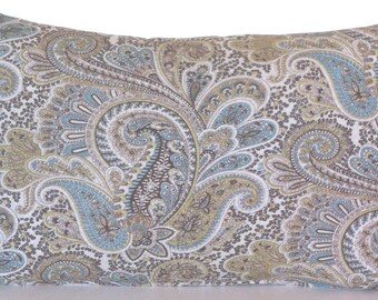 25 " x 16" Lumbar Throw Pillow Cover Paisley Verde Marrón Aqua Grey Boho Gypsy Hippy French Country Cottage Kravet Robert Allen Linen