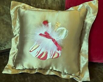 Hand Painted One of a Kind Christmas Holiday Satin Pillow with Feather Santa Claus Bag