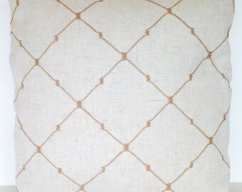 Square Throw Pillow Cover Linen with Harlequin Diamond Embroidered Oatmeal Beige Ivory Bohemian Nautical