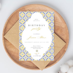 May include: A blue and yellow patterned invitation with a white border. The invitation is for a birthday party for Jessica Adams on Saturday, August 30th at 5 PM. The invitation includes the address and phone number of the host.
