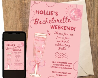Bach weekend itinerary editable template handwritten, party weekend invite, bachlorette invitation, bach party itinerary, pink, event sched