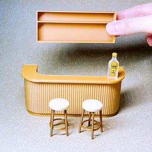 1:12 Scale Miniature Bar Set, Curved Counter, Two Stools, 3D Printed Plastic