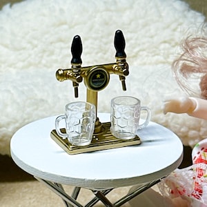 Dollhouse Miniature Beer Tap with Mugs, 1:12 Scale Brass Draft Dispenser Accessory