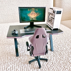 Dollhouse Miniature Gaming Desk & Chair Set 1:12 Scale with Monitor, Console, Keyboard, Mouse and Headphone for Mini Rooms