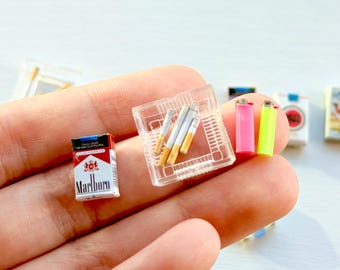 Realistic Dollhouse Miniature Ashtray Cigarettes Lighter | 1/12 Scale Diorama Accessory, Tiny Cigarettes, Mini Cigarette Pack & Mini Lighter