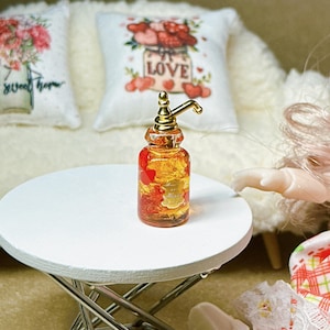 Dollhouse Miniature Soap Dispenser with Gold Pump, 1:6 Scale Doll Bathroom Vanity Decor, Mini Lotion Bottle with Red Hearts