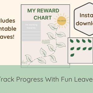 以下が含まれることがあります： 「MY REWARD CHART」と「Track Progress With Fun Leaves」のテキストが入った、印刷可能な報酬チャート。チャートには太陽のグラフィックと葉の点線が表示されています。印刷可能な葉と「Instant download」のテキストが含まれています。