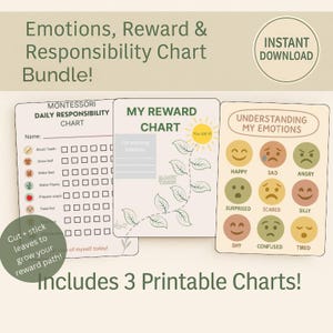 Bundle de graphiques pour tout-petits inspirés de Montessori - Routine quotidienne, suivi des récompenses et roue des émotions | Calendrier visuel imprimable pour les enfants