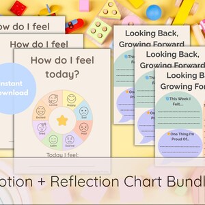 May include: A set of printable emotion and reflection charts. The charts feature prompts such as "How do I feel today?" with an emotion wheel and "Looking Back, Growing Forward" with space for reflection. The bundle is labelled "Instant Download."