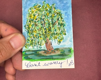 ACEO Mixed Media Kunstwerk – Landschaft mit Weidenbaum, Tusche Acrylgemälde