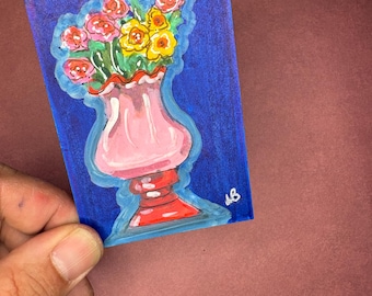 ACEO Blumenstrauß Kunstwerk - Indien Tusche Acrylgemälde, rosa rote Vase - Original Kunstwerk