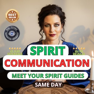 Puede incluir: Imagen que promociona servicios de comunicación espiritual. El texto dice "Spirit Communication" y "Meet Your Spirit Guides Same Day". Una mujer está centrada en la imagen, con una vela encendida y objetos decorativos sobre una mesa de madera.