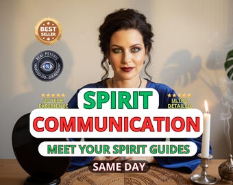 May include: An image promoting spirit communication services. The text reads "Spirit Communication" and "Meet Your Spirit Guides Same Day." A woman is centered in the image, with a lit candle and decorative items on a wooden table.