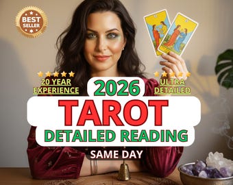 May include: Image featuring a woman holding two tarot cards. Text overlay reads "2026 Tarot Detailed Reading Same Day" with additional text indicating "20 Year Experience" and "Ultra Detailed". A "Best Seller" badge is visible.