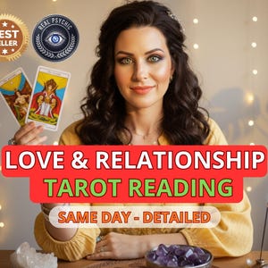 May include: A woman holding tarot cards, with text reading "LOVE & RELATIONSHIP TAROT READING" and "SAME DAY - DETAILED". The image includes "BEST SELLER" and "REAL PSYCHIC" badges, along with a lit candle and crystals.