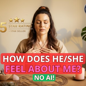 Pode incluir: Uma mulher com os olhos fechados, usando um colar, com o texto "HOW DOES HE/SHE FEEL ABOUT ME? NO AI!". A imagem inclui um gráfico "5 STAR RATING - STAR SELLER" e um logotipo "REAL PSYCHIC".
