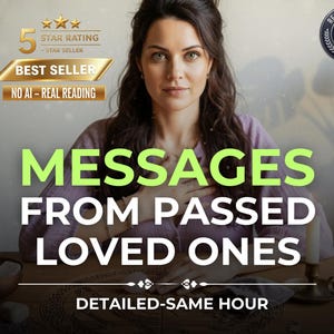 以下が含まれることがあります： 画像には、大きな緑色の文字で「MESSAGES FROM PASSED LOVED ONES」というテキストが表示された女性が写っています。画像には「DETAILED-SAME HOUR」というテキストと「BEST SELLER」バッジも含まれています。「REAL PSYCHIC」のロゴが表示されています。