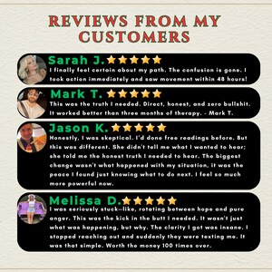 K&ouml;nnte beinhalten: Beige Grafik mit dem Text "REVIEWS FROM MY CUSTOMERS" in Rot. Vier Kundenbewertungen werden angezeigt, jede mit einem Foto, einer Sternebewertung und einem positiven Testimonial in einer schwarzen Box mit wei&szlig;em Text.