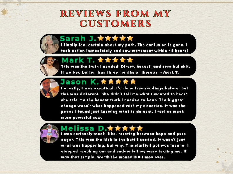K&ouml;nnte beinhalten: Beige Grafik mit dem Text "REVIEWS FROM MY CUSTOMERS" in Rot. Vier Kundenbewertungen werden angezeigt, jede mit einem Foto, einer Sternebewertung und einem positiven Testimonial in einer schwarzen Box mit wei&szlig;em Text.