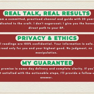 K&ouml;nnte beinhalten: Digitalgrafik mit gr&uuml;nem und wei&szlig;em Text auf rotem Hintergrund. Der Text lautet "REAL TALK, REAL RESULTS", "PRIVACY & ETHICS" und "MY GUARANTEE". Die Grafik befindet sich auf einem cremefarbenen Hintergrund.