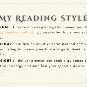 K&ouml;nnte beinhalten: Cremefarbene Grafik mit dem Titel &bdquo;MY READING STYLE&ldquo;. Text beschreibt das Ritual, die Methode und die bereitgestellte Einsicht. Das Ritual verwendet einen handgeschnitzten Altar, geweihte Werkzeuge und Weihrauch. Die Methode verwendet eine intuitive Tarot-Methode. Die Einsicht liefert Anleitung.