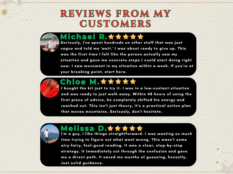 K&ouml;nnte beinhalten: Grafik mit Kundenbewertungen auf beigem Hintergrund und dem Text "REVIEWS FROM MY CUSTOMERS". Drei Kundenbewertungen werden vorgestellt, jede mit Foto, Name, Bewertung und Feedback.