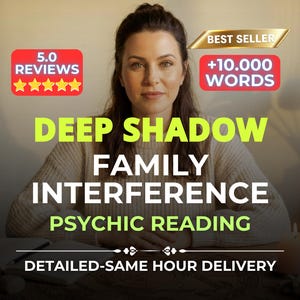 May include: A digital graphic for a psychic reading service featuring the text DEEP SHADOW FAMILY INTERFERENCE PSYCHIC READING, 5.0 REVIEWS, BEST SELLER, +10.000 WORDS, and DETAILED-SAME HOUR DELIVERY, with a person in a beige sweater.