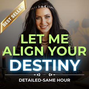 Könnte beinhalten: Das Bild zeigt eine lächelnde Frau mit dunklem Haar und einem Haarreif mit Mondmotiven. Der Text lautet "LET ME ALIGN YOUR DESTINY" in grünen Buchstaben, darunter "DETAILED-SAME HOUR". Ein goldenes Banner zeigt "BEST SELLER".