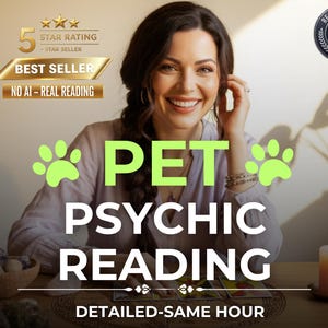 以下が含まれることがあります： ペットの霊視リーディングを宣伝する画像。「PET PSYCHIC READING」の文字が大きく表示されています。笑顔の人物、ろうそく、そして「BEST SELLER」と「NO AI - REAL READING」の文字が含まれています。「REAL PSYCHIC」のロゴも表示されています。