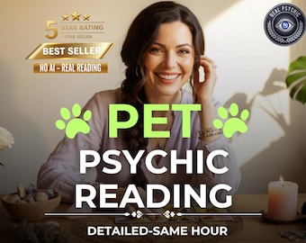 May include: Image promoting pet psychic readings. The text "PET PSYCHIC READING" is prominently displayed. The image includes a smiling person, a lit candle, and the words "BEST SELLER" and "NO AI - REAL READING". A "REAL PSYCHIC" logo is also visible.