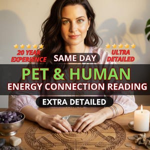 May include: An image promoting pet and human energy connection readings. The text includes "20 Year Experience", "Same Day", and "Ultra Detailed". A woman sits at a wooden table with a candle, crystals, and cards.