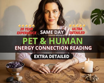 May include: An image promoting pet and human energy connection readings. The text includes "20 Year Experience", "Same Day", and "Ultra Detailed". A woman sits at a wooden table with a candle, crystals, and cards.