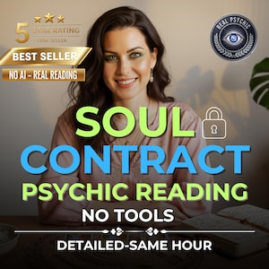 May include: Image promoting a psychic reading service. The text reads "SOUL CONTRACT PSYCHIC READING NO TOOLS DETAILED-SAME HOUR." A woman smiles in the center, with a "Best Seller" badge and a "Real Psychic" emblem.
