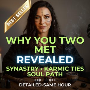 May include: An image of a woman with dark hair and facial markings. Text overlay reads "WHY YOU TWO MET REVEALED" with subheadings "SYNASTRY • KARMIC TIES • SOUL PATH." A lit candle and a "BEST SELLER" banner are also visible.