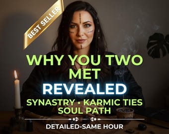 May include: Image featuring a woman with dark hair and facial markings. Text overlay reads "WHY YOU TWO MET REVEALED" with subheadings "SYNASTRY • KARMIC TIES • SOUL PATH." A lit candle and a "BEST SELLER" banner are also visible.