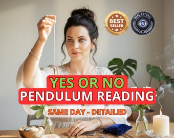 May include: An image of a woman holding a pendulum, with text reading "YES OR NO PENDULUM READING". The image includes "BEST SELLER" and "REAL PSYCHIC" badges. A candle and flowers are visible.