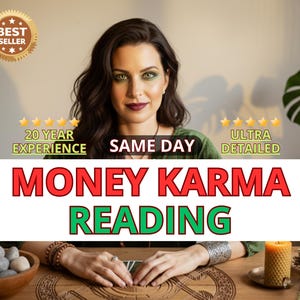 Könnte beinhalten: Eine Frau mit dunklem Haar und grünem Augen-Make-up ist im Bild zentriert. Der Text "MONEY KARMA READING" wird in Rot und Grün angezeigt. Zusätzlicher Text enthält "20 YEAR EXPERIENCE", "SAME DAY" und "ULTRA DETAILED". Ein "BEST SELLER"-Abzeichen befindet sich oben links.