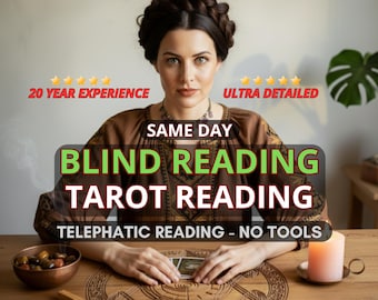 May include: An image promoting tarot reading services. The text on the image reads "BLIND READING TAROT READING" and "TELEPHATIC READING - NO TOOLS". The image also includes the text "20 YEAR EXPERIENCE" and "ULTRA DETAILED". A lit candle and a bowl of stones are also visible.