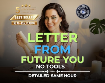 Op de afbeelding: Afbeelding toont een lachende vrouw met tekst: "LETTER FROM FUTURE YOU." Extra tekst omvat "BEST SELLER" en "NO AI - REAL READING." Een "REAL PSYCHIC" zegel is ook zichtbaar. De afbeelding suggereert een paranormale readingservice.