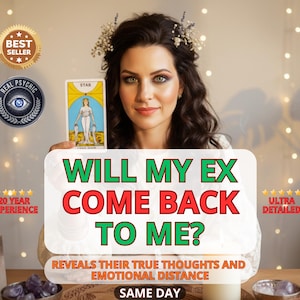 May include: A woman holding a tarot card with the word "STAR" on it, with the text "WILL MY EX COME BACK TO ME?" in green and red. The image includes the text "20 YEAR EXPERIENCE" and "ULTRA DETAILED".
