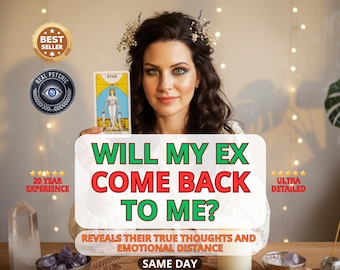 Könnte beinhalten: Eine Frau hält eine Tarotkarte mit dem Wort "STAR", mit dem Text "WILL MY EX COME BACK TO ME?" in Grün und Rot. Das Bild enthält den Text "20 YEAR EXPERIENCE" und "ULTRA DETAILED".