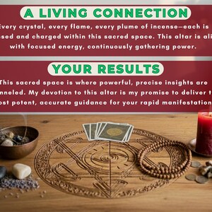 K&ouml;nnte beinhalten: Ein Holzaltar mit geschnitztem Design, mit einer brennenden roten Kerze, Tarotkarten und einer Perlenkette. Das Bild enth&auml;lt Text &uuml;ber einen heiligen Raum f&uuml;r F&uuml;hrung und Manifestation.