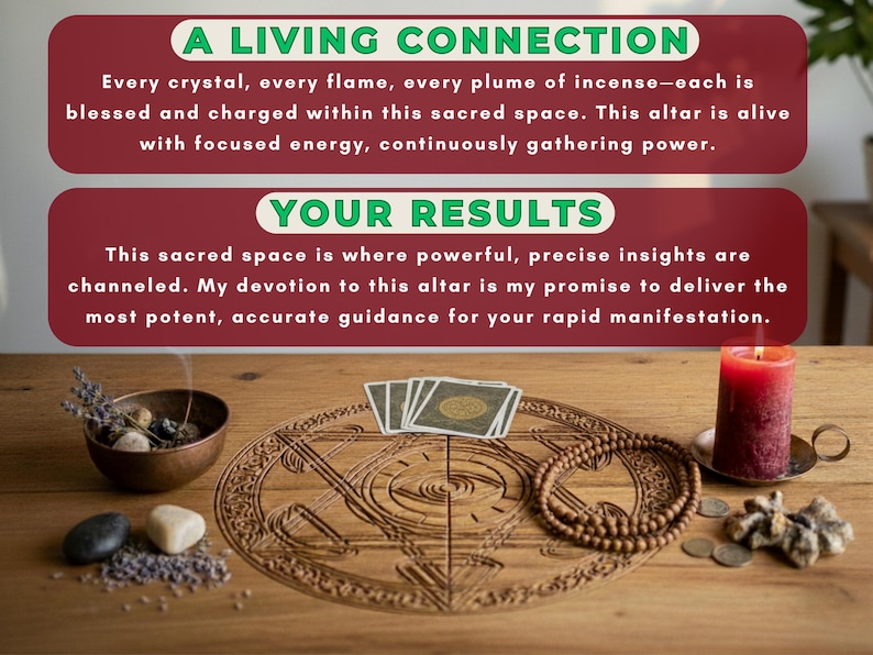 K&ouml;nnte beinhalten: Ein Holzaltar mit geschnitztem Design, mit einer brennenden roten Kerze, Tarotkarten und einer Perlenkette. Das Bild enth&auml;lt Text &uuml;ber einen heiligen Raum f&uuml;r F&uuml;hrung und Manifestation.
