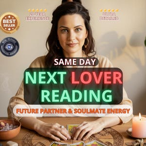 May include: A woman sits at a wooden table with tarot cards, a lit candle, and a bowl of crystals. The image has text that reads "SAME DAY NEXT LOVER READING" and "FUTURE PARTNER & SOULMATE ENERGY". There are also badges that say "BEST SELLER", "REAL PSYCHIC", and "20 YEAR EXPERIENCE".
