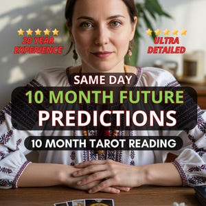May include: A woman wearing a white blouse with black and red embroidery. The image includes text that reads "10 MONTH FUTURE PREDICTIONS" and "10 MONTH TAROT READING". The image also includes text that reads "20 YEAR EXPERIENCE" and "ULTRA DETAILED".