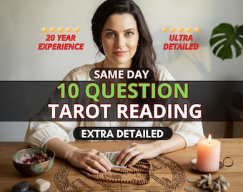 May include: A woman sits at a wooden table with a lit candle, a bowl, and tarot cards. The image includes text that reads "Same Day 10 Question Tarot Reading" and "20 Year Experience".